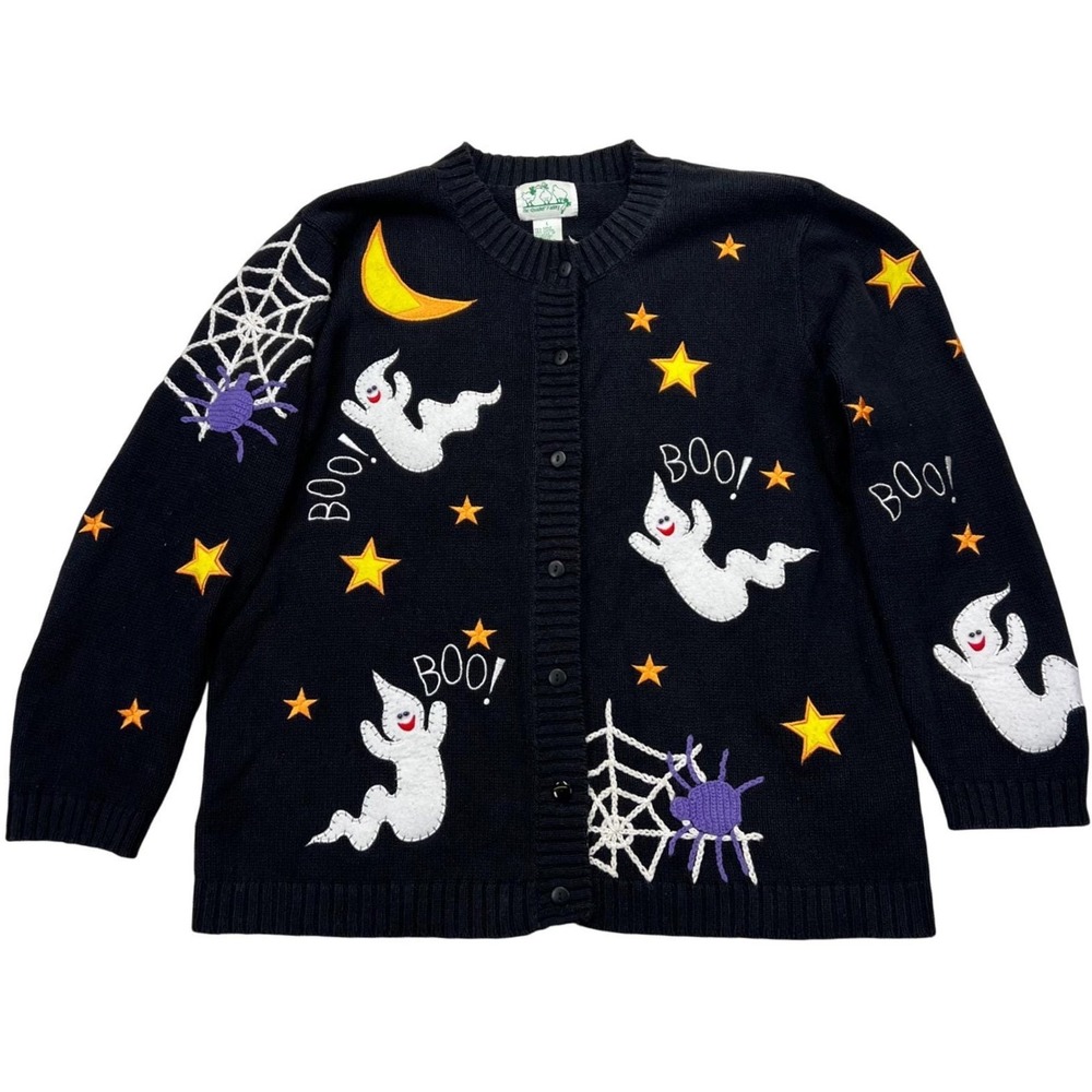 VTG Quacker Factory Halloween Cardigan Large Black Ghost Spider Boo Web Stars